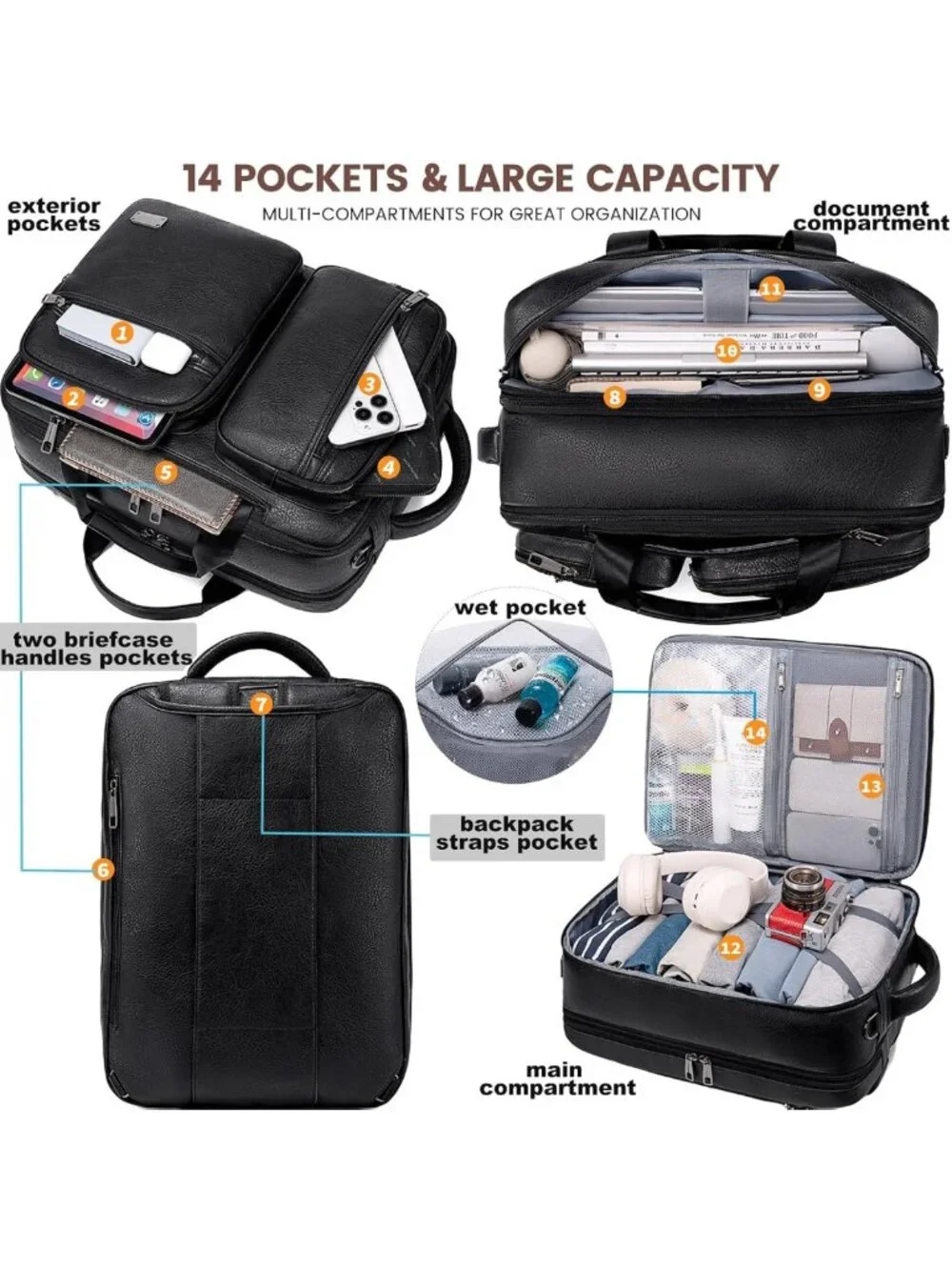 3-in-1 Vegan Leather Convertible Laptop Bag - Expandable Travel Backpack